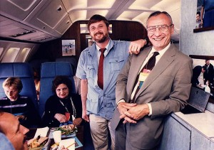 Charlie Tasnadi, of the Associated Press, Ron Bennett , of United Press International, and Helen Thomas on Air Force One.