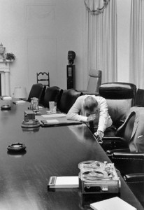 President Lyndon B. Johnson listens to tape sent by Captain Charles Robb from Vietnam July31, 1968. (photo by Jack E. Kightlinger)