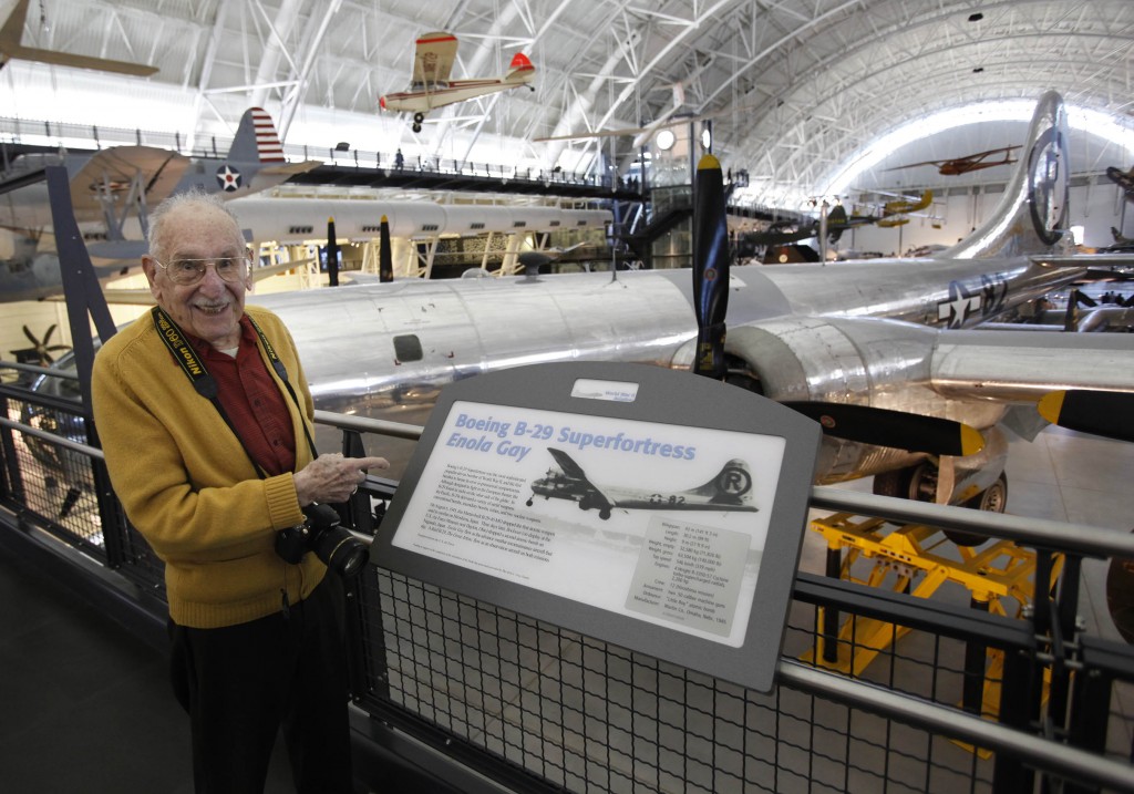 Max Desfor sees the Enola Gay sixty-eight years after he made his historic photograph of the Enola Gay landing after the Hiroshima mission. (Photograph by Dennis Brack)