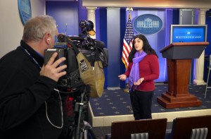 AP Television cameraman Dan Huff records while Associated Press photojournalist Jacquelyn Martin is interview about her cold weather feature photo of missing man Nicholas Simmons who was later reunited with his family after the photo ran in a local Gannett paper. (Photograph by Larry Downing)